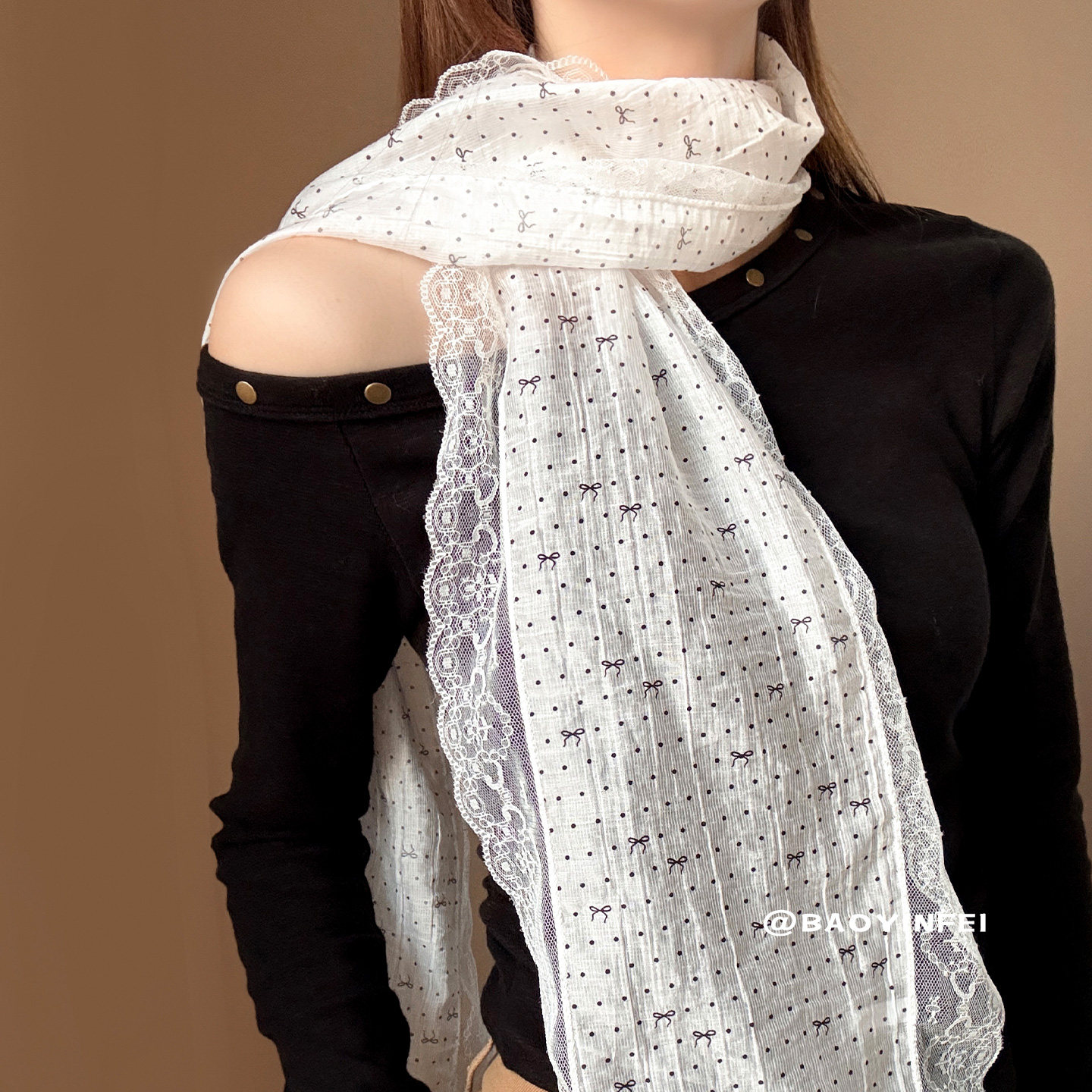 白色波点蝴蝶结长条丝巾女韩系时尚气质领巾飘带薄款系脖围脖配饰