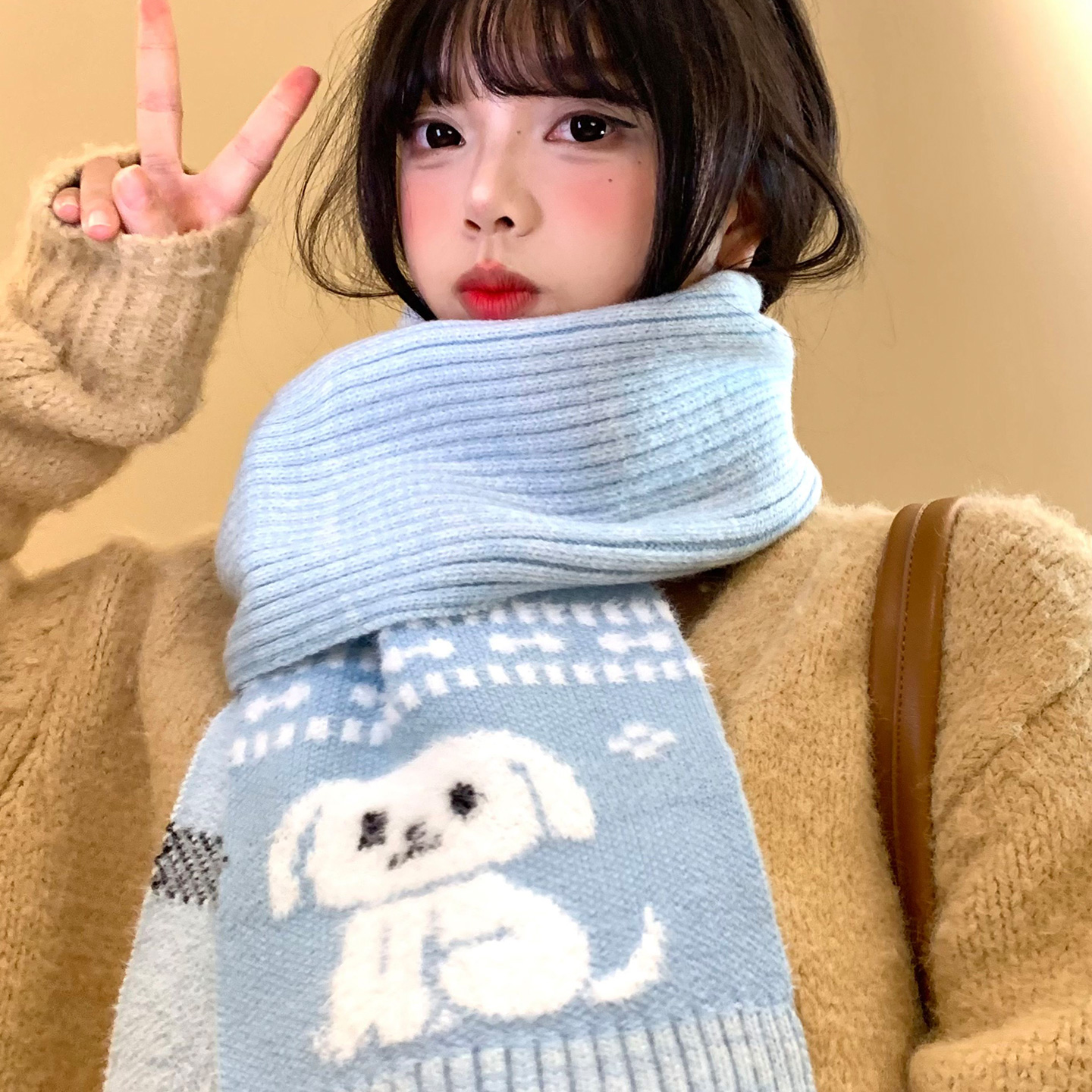 可爱小狗蓝色针织毛线围巾女冬季