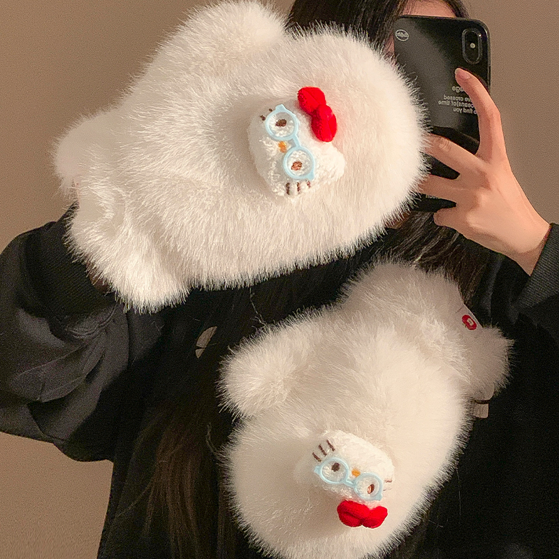 可爱Kitty猫咪白色毛绒手套女冬季加绒加厚保暖防寒挂脖连指骑行