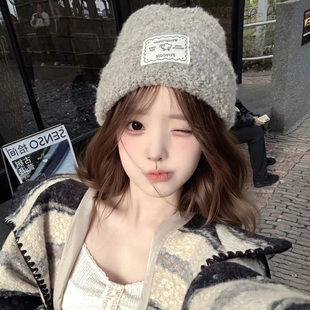 灰色毛绒针织帽女秋冬季 百搭显脸小毛线帽大头围保暖护耳帽子 韩版