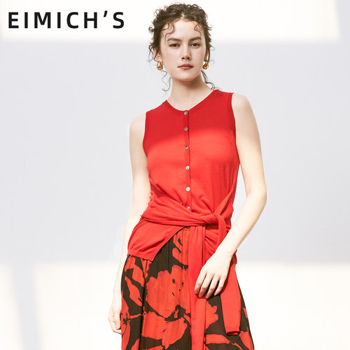 Eimich＇s/艾蜜雪轻熟优雅风红色V领纽扣针织背心女修身无袖上衣