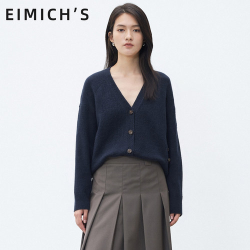 Eimich＇s/艾蜜雪极简风V领纽扣针织开衫女羊毛衫套头通勤风女士