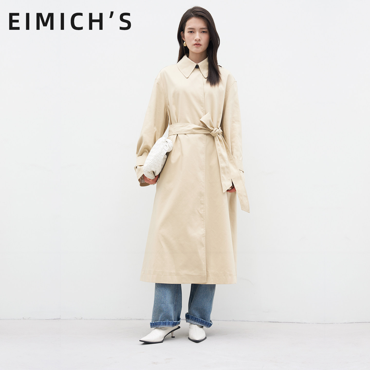 Eimich＇s/艾蜜雪翻领收腰系带风衣女中长款卡其色外套轻熟优雅风