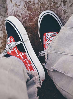 复古低帮板鞋FUCT 联名Aut印花黑红色潮流时尚休闲帆布鞋男女美式