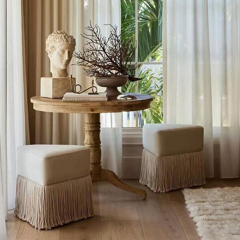 絮物集民宿沙发凳流苏边脚踏凳实木圆桌配套设计师款米白色沙发凳