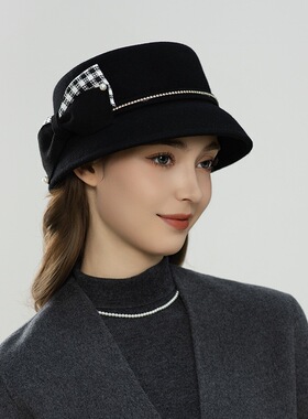 羊毛冬天帽子秋冬季新款保暖女士帽子蝴蝶结显脸小时尚渔夫帽