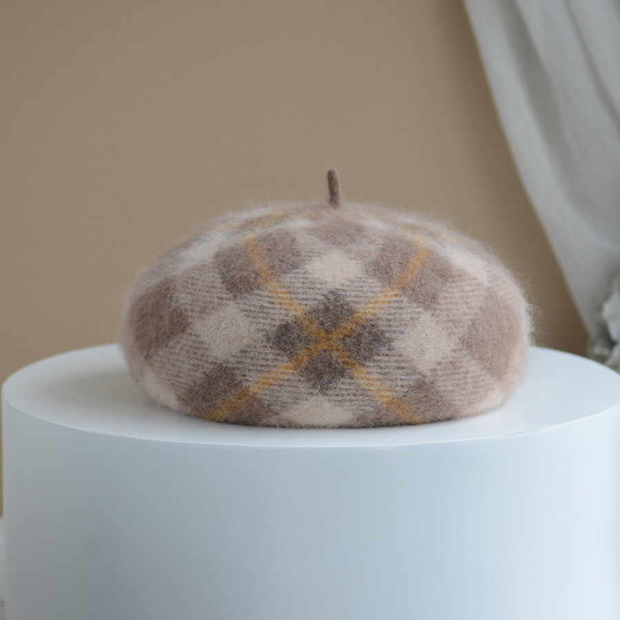 贝雷帽女秋冬保暖安哥拉兔毛画家帽英伦复古格子蓓蕾帽百搭显脸小