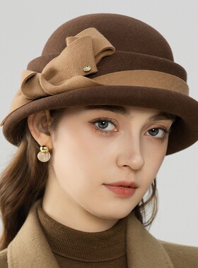 秋冬季新款羊毛渔夫帽优雅蝴蝶结装饰复古盆帽保暖时尚女士帽子