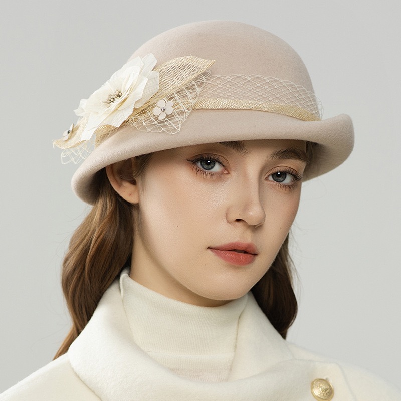 秋冬季新款羊毛呢蓓蕾帽网纱真丝麻花朵优雅女法式显脸小帽子礼帽
