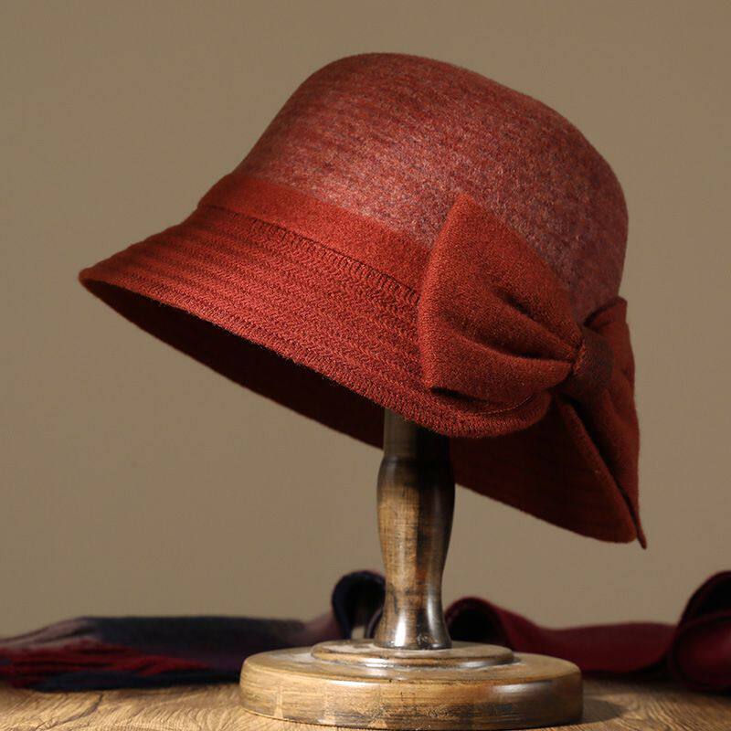 帽子女士秋冬中老年优雅蝴蝶结羊毛呢礼帽时尚保暖盆帽百搭渔夫帽