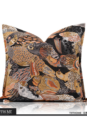 TIFFHOME新中式【东方美学】橘色鹦鹉肌理质感禅意靠垫抱枕方枕套