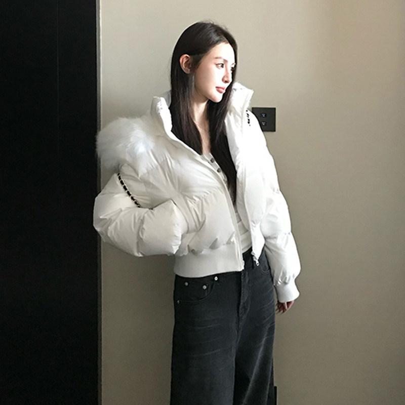 韩系冬季加厚连帽毛领短款棉衣女
