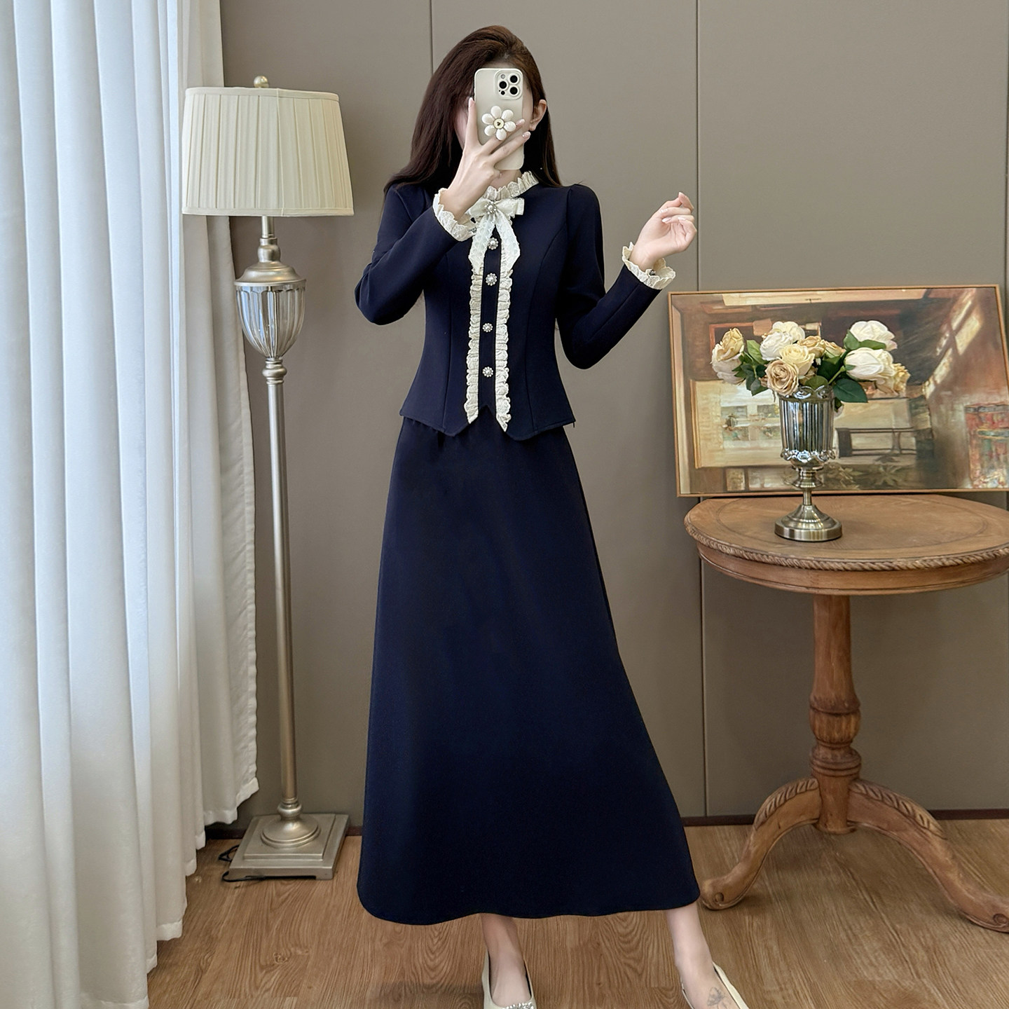 秋冬大码法式甜美蝴蝶结两件套