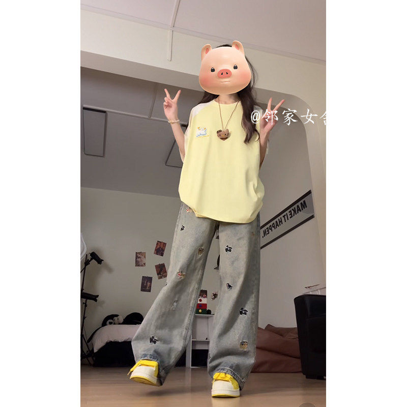 小个子穿搭一整套插肩袖短袖t恤女夏季新款多巴胺上衣+阔腿裤套装