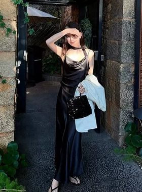 LS 法式缪斯气质高级感缎面连衣裙女广州十三行春款长裙61231