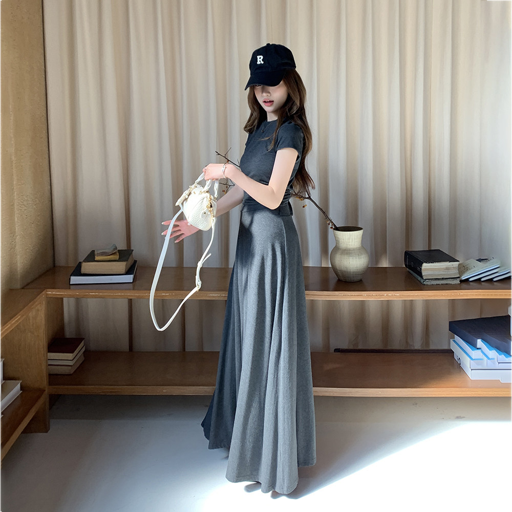 实拍2025春夏新款松弛感休闲纯色上衣短袖半身裙长裙女两件套装