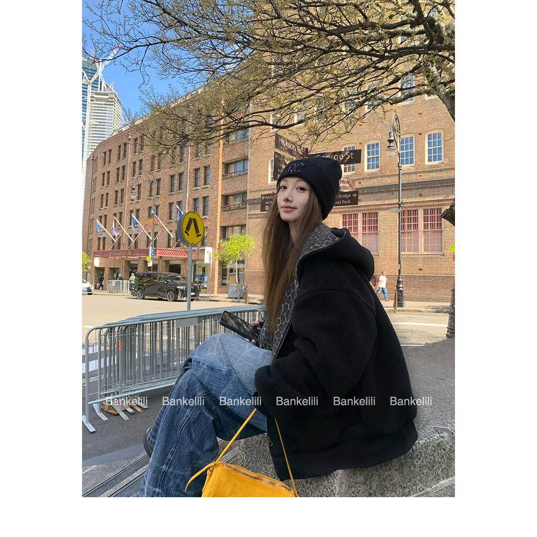板栗可可加厚豹纹两面穿连帽卫衣