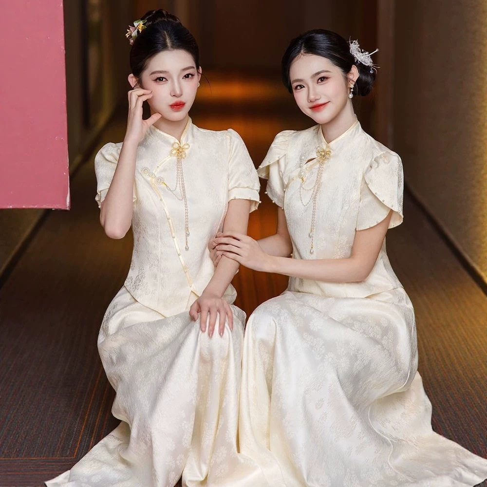 中式伴娘服香槟色2026新款春秋长短袖旗袍姐妹团礼服裙女日常可穿