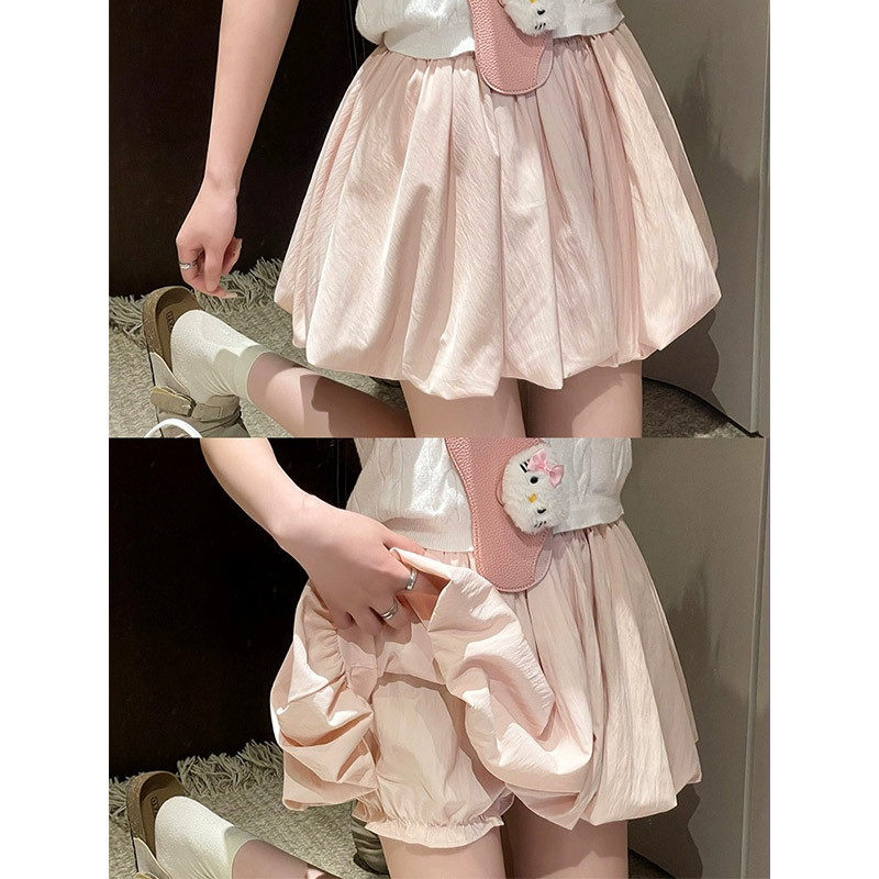 粉色花苞短裙女夏季高腰显瘦a字防走光南瓜裤小个子半身裙百褶裙
