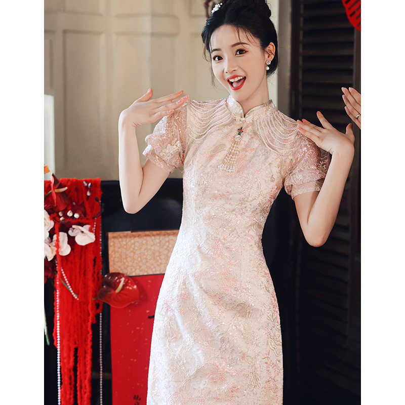 蕾丝敬酒服新娘2026新款粉色订婚礼服连衣裙新中式旗袍回门敬酒服