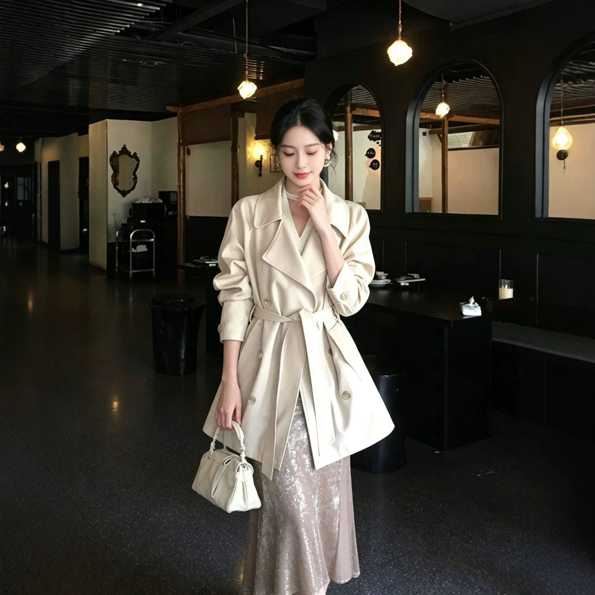 ICELLY巨好看短款翻领风衣外套女2026秋季款穿搭新款收腰绑带大衣