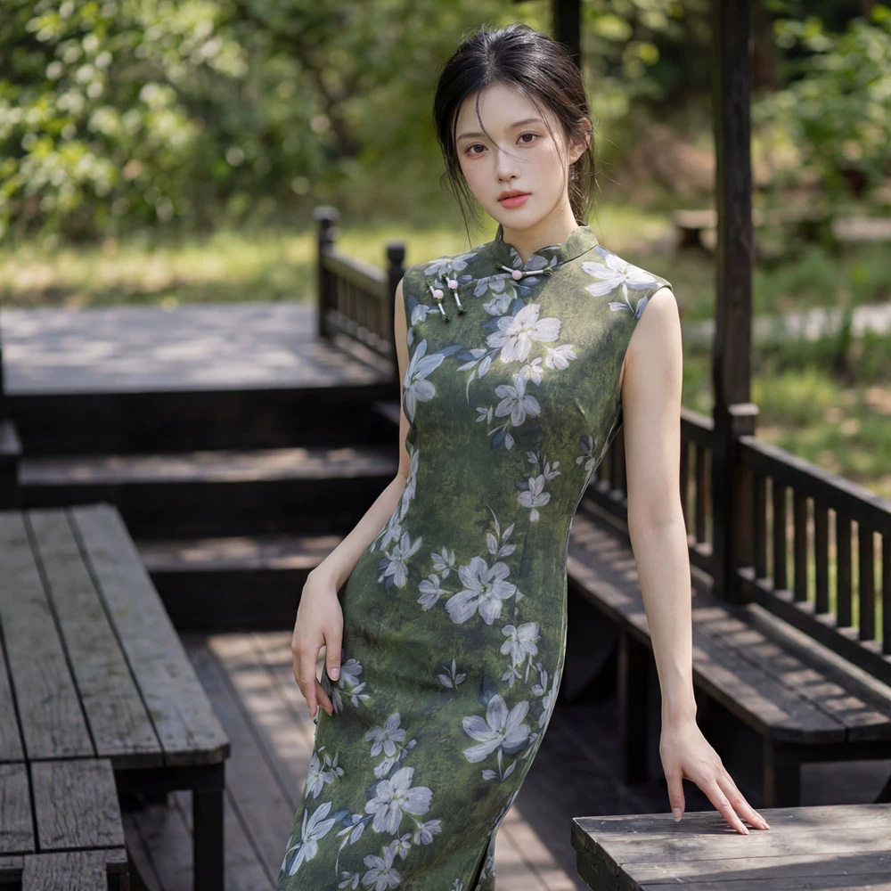 贝之韵蓝色改良印花夏长款旗袍女2026夏新款少女无袖年轻款上班穿