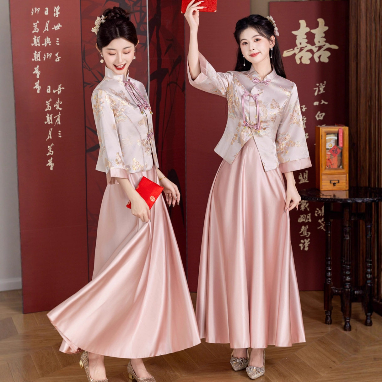 新款中式伴娘服秀禾服套装粉色国风旗袍姐妹团礼服小众高级感