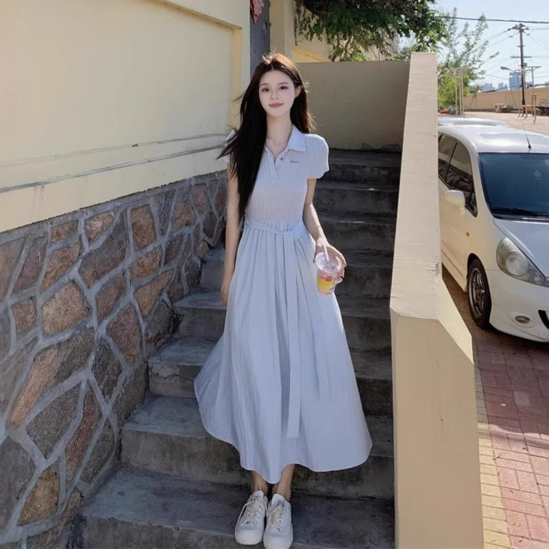 韩系POLO领绑带短袖连衣裙女夏季小众收腰独特漂亮蓝色a字长裙子