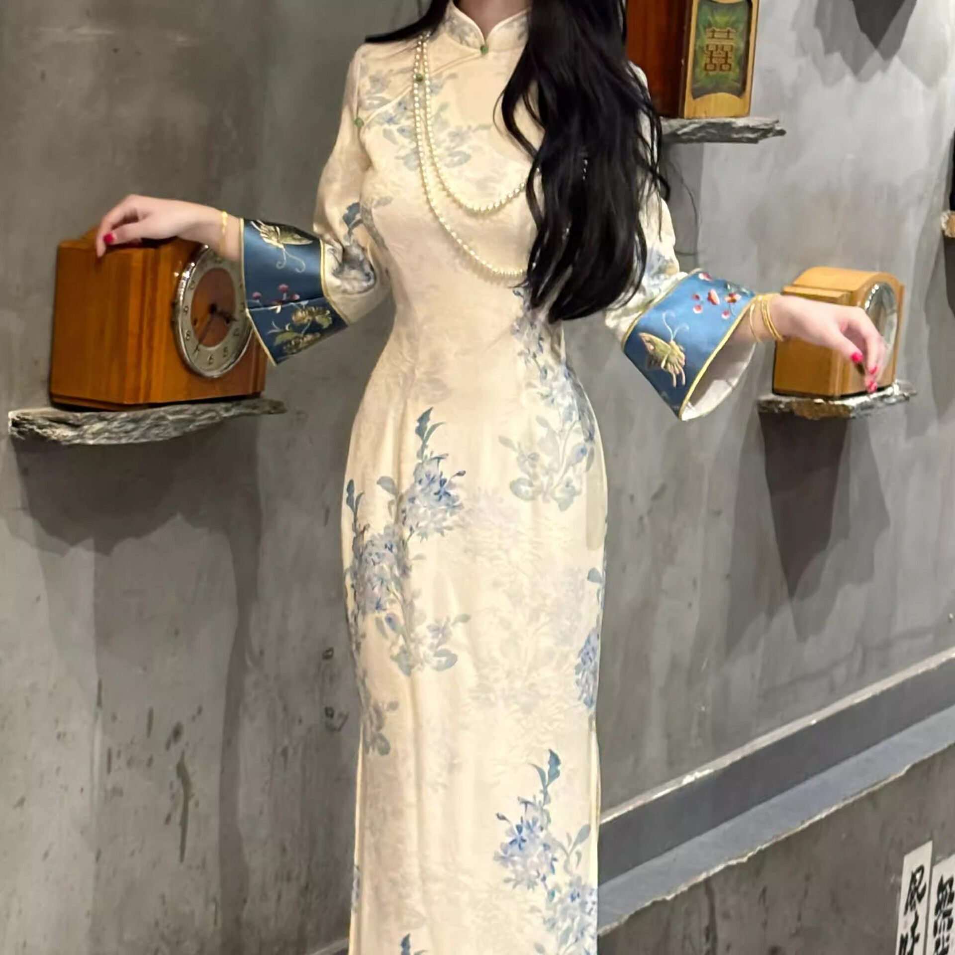 【蓝花瓷】自制高级提花新中式刺绣连衣裙