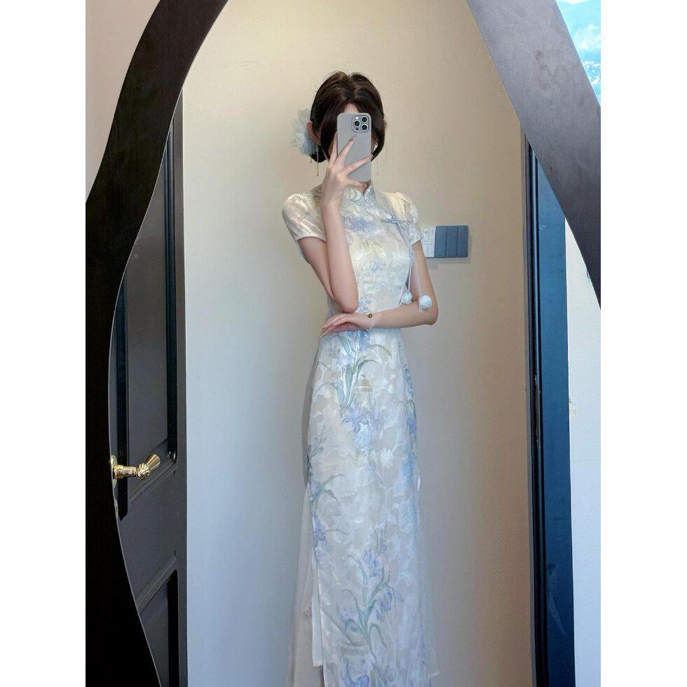 新中式日常绝美旗袍改良年轻款少女高级感收腰盘扣印花国风连衣裙