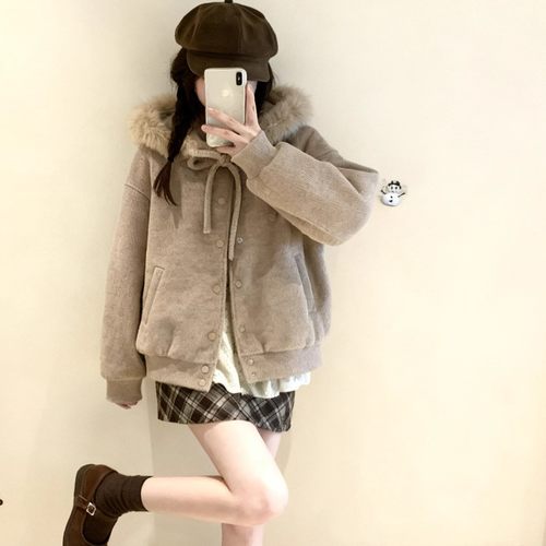 燕麦暖绒蝴蝶结绑带毛领连帽毛呢厚外套女冬季加厚高级感棉服冬装