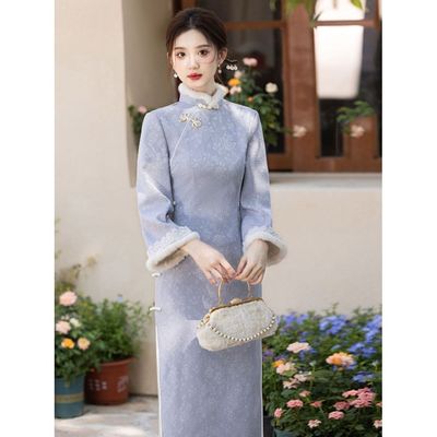 加绒加厚冬装蓝色倒大袖长款改良旗袍2025新款年轻款女复古日常款