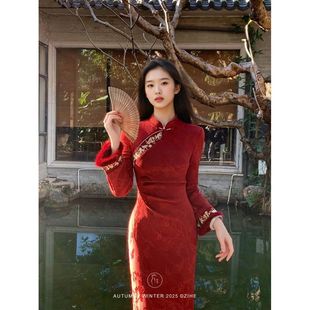 丹喜新中式红色订婚礼服改良旗袍女冬装刺绣长袖加绒敬酒服连衣裙