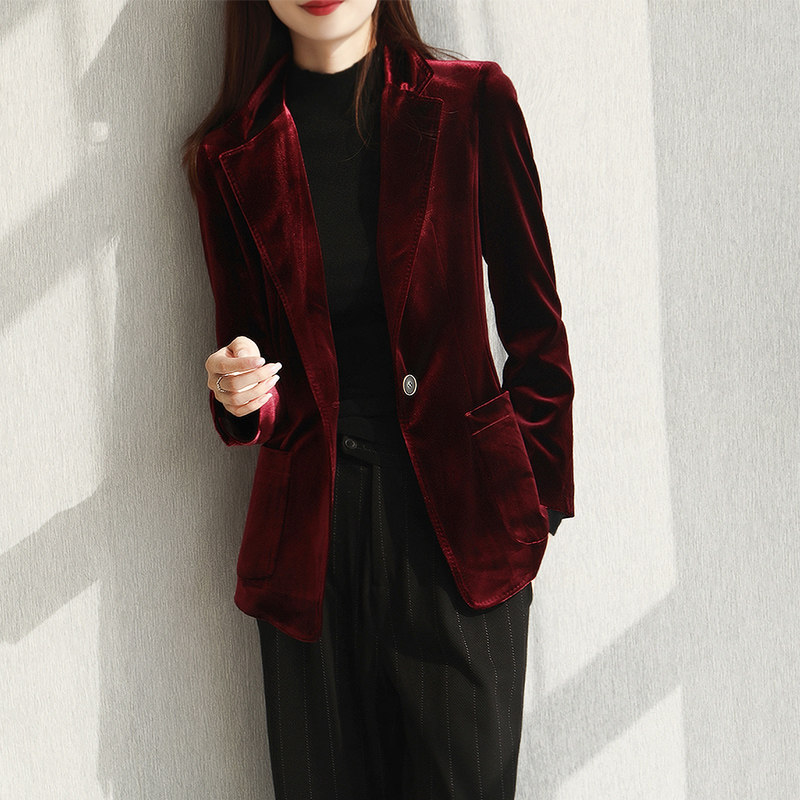 华丽金丝绒~气场十足的酒红色~修身显瘦一粒扣西装外套秋季新款