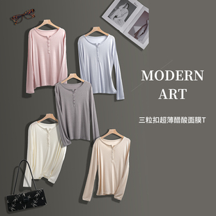新款 圆领长袖 三粒扣超薄醋酸面膜T 621 套头T恤 春秋外贸韩版