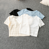 时尚 温柔气质 短款 夏季 套头蕾丝衫 新款 圆领短袖 19662 外贸韩版