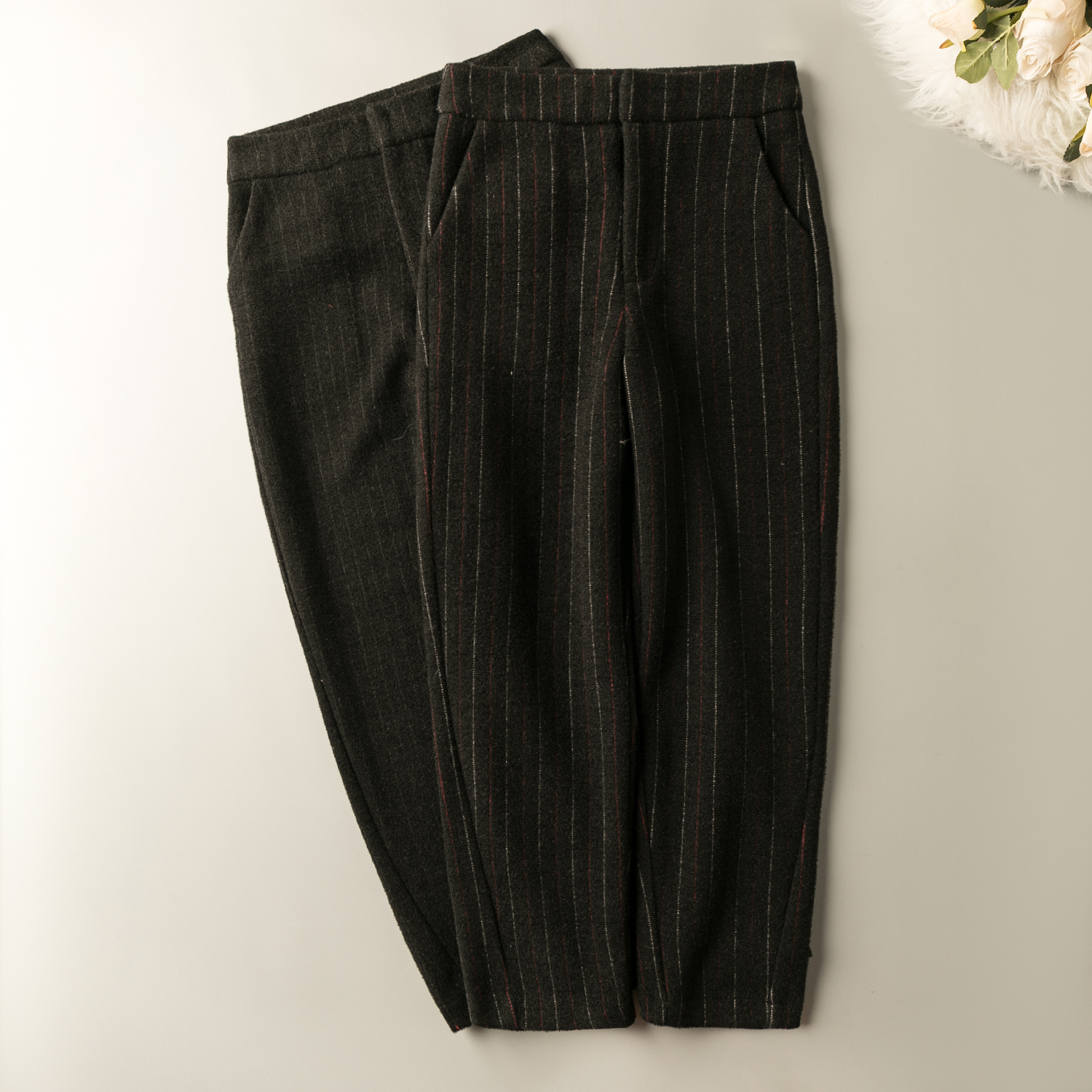 粗花呢条纹九分裤百搭休闲