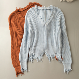 新款 V领长袖 时尚 休闲气质 套头毛线衣 百搭 春秋外贸韩版