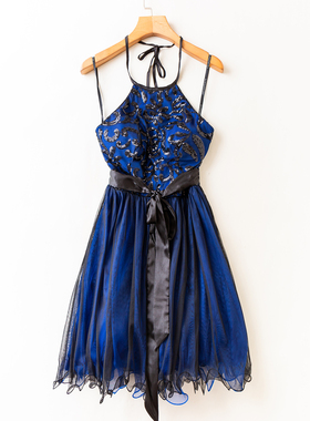 时尚聚会派对生日晚礼服裙 高腰网纱亮片挂脖短款演出晚宴蓬蓬裙