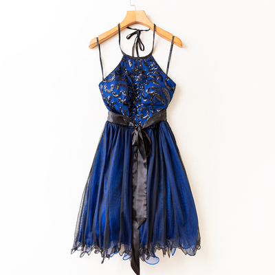 高腰网纱亮片挂脖短款晚宴蓬蓬裙