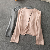 圆领长袖 春秋外贸韩版 气质简约 青春流行 斜门襟毛线衣 新款