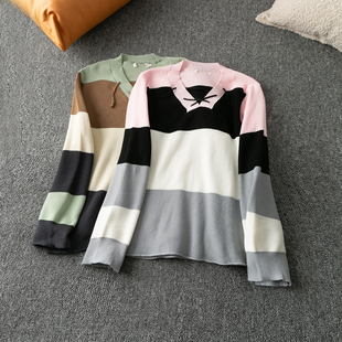 系带V领长袖 春秋外贸韩版 拼色设计 简约百搭 套头毛线衣 新款