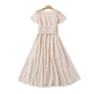 温柔气质 新款 高级时尚 简约 蕾丝连衣裙 夏季 圆领短袖 外贸韩版