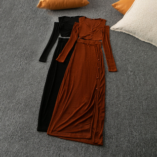 圆领长袖 短款 镂肩上衣 松紧腰长款 春秋外贸韩版 半身裙套装 两件套