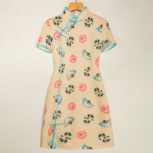 新款 时尚 旗袍 气质高级 旗袍连衣裙 夏季 盘扣立领半袖 外贸韩版