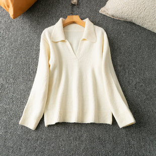 新款 翻领长袖 时尚 百搭气质 套头毛线衣 舒适 春秋外贸韩版