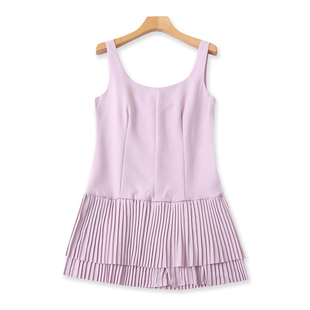 夏季外贸新双层百褶无袖连衣裙 大圆领收腰显瘦甜妹风短款连衣裙