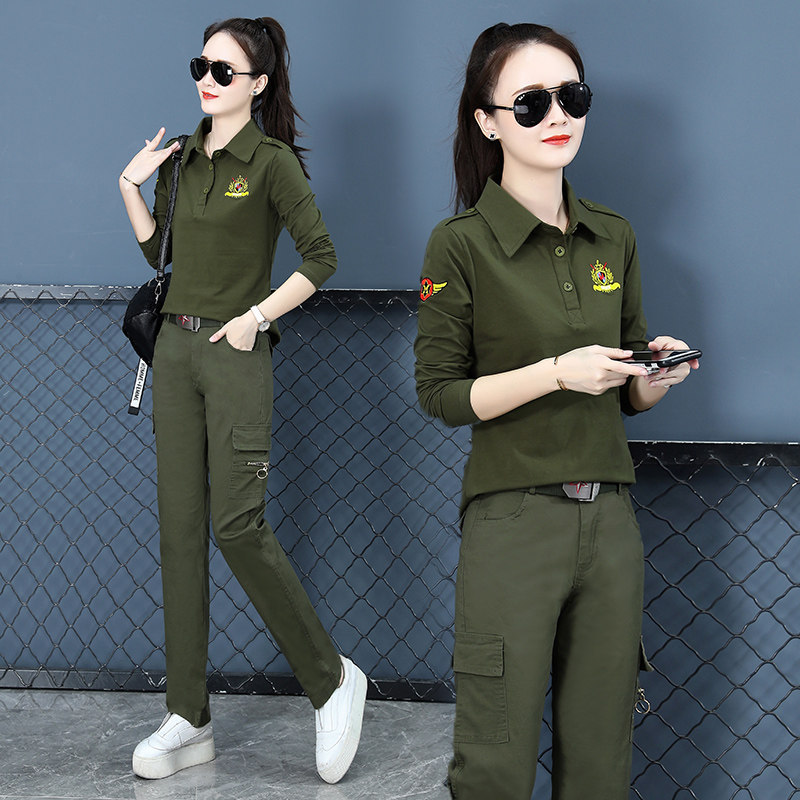 新款迷彩服套装女长袖春秋季显瘦时尚军绿广场舞两件套水兵舞服装