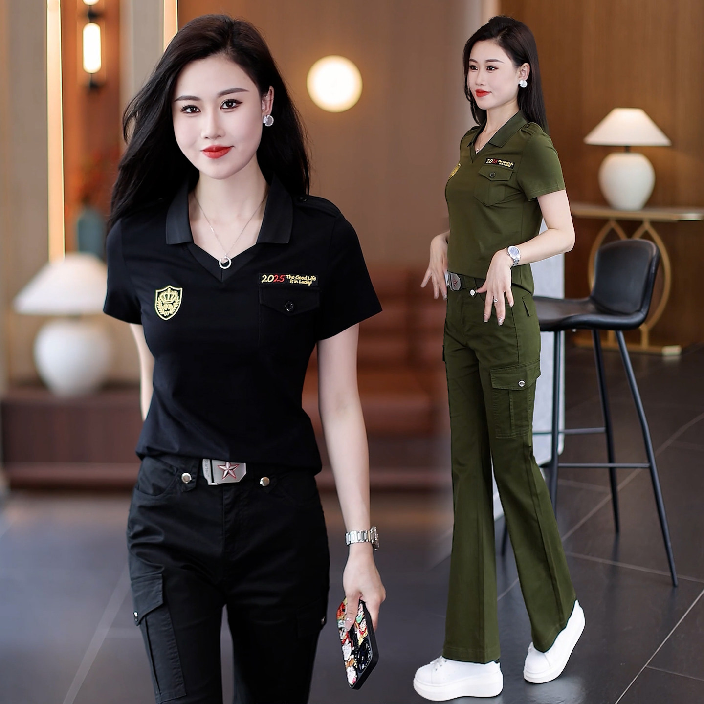 翻领poll上衣女士迷彩服套装军绿色短裤女穿搭百搭运动两件套t恤