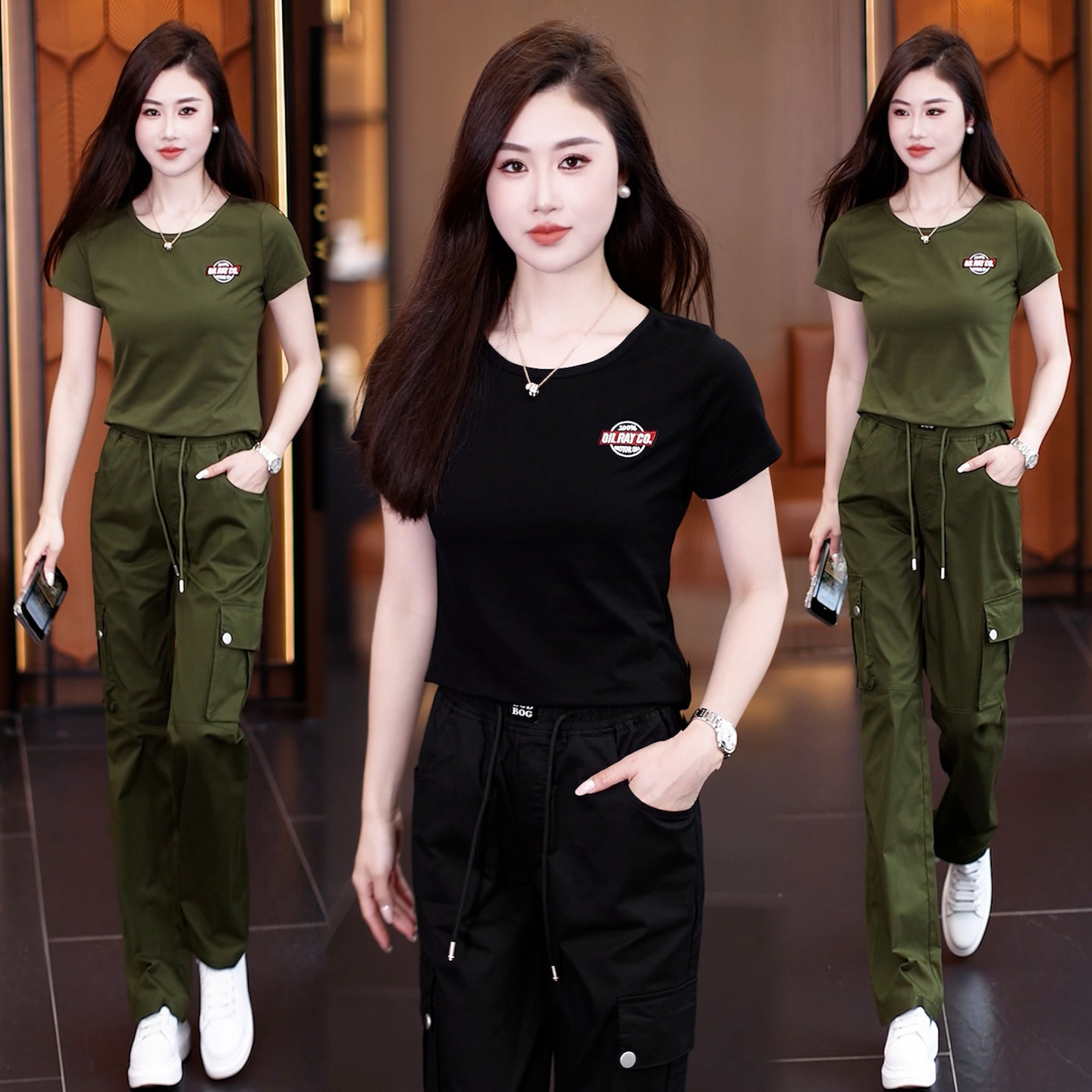 2026年高档军绿夏季新款运动套装高腰工装裤小个子迷彩裤女两件套